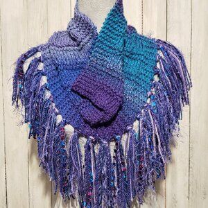 NEW Hand Knitted Blue Purple Chunky Infinity Boho Cowl Scarf Fringed Artsy